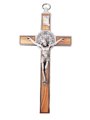 Crucifixo São Bento em Metal e Madeira de Oliveira