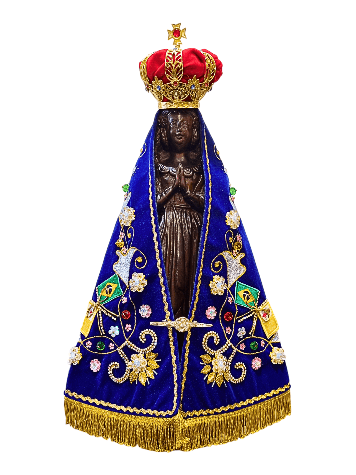 Imagem de Nossa Senhora Aparecida Fac-Símile em Madeira com Manto Oficial Flor Branca 45 cm