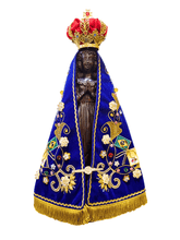 Imagem de Nossa Senhora Aparecida Fac-Símile em Madeira com Manto Oficial Flor Rosa 45 cm