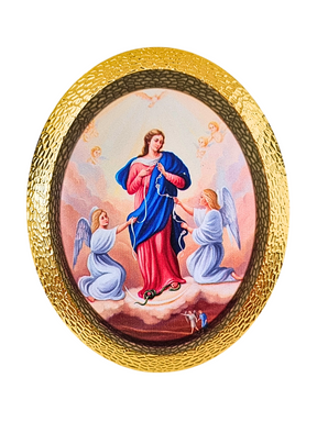 Quadro Italiano Oval Nossa Senhora Desatadora dos Nós 14,05 x 11,5cm