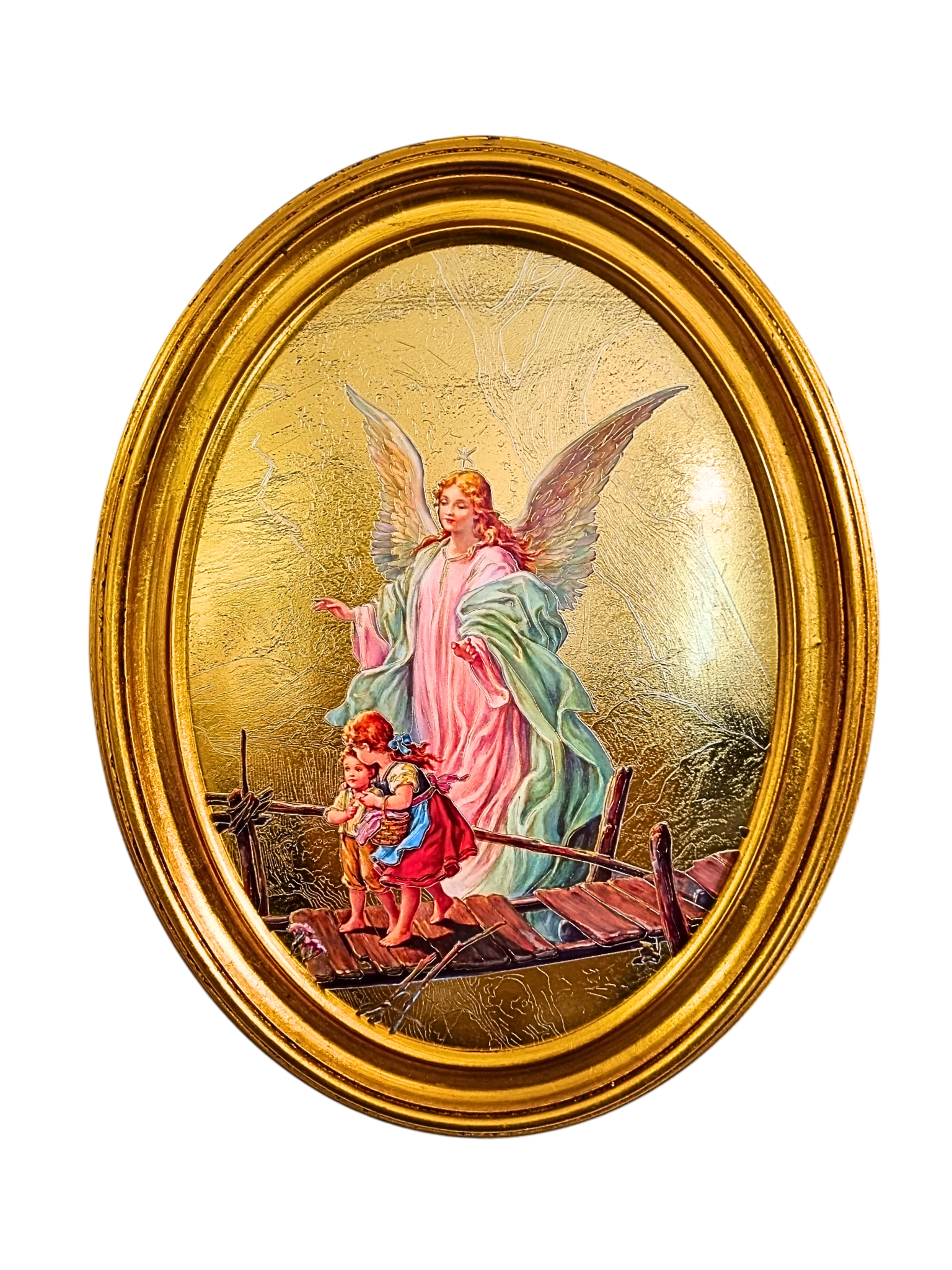 Quadro Italiano Oval com Folhas de Ouro Anjo da Guarda 36,5 x 29cm