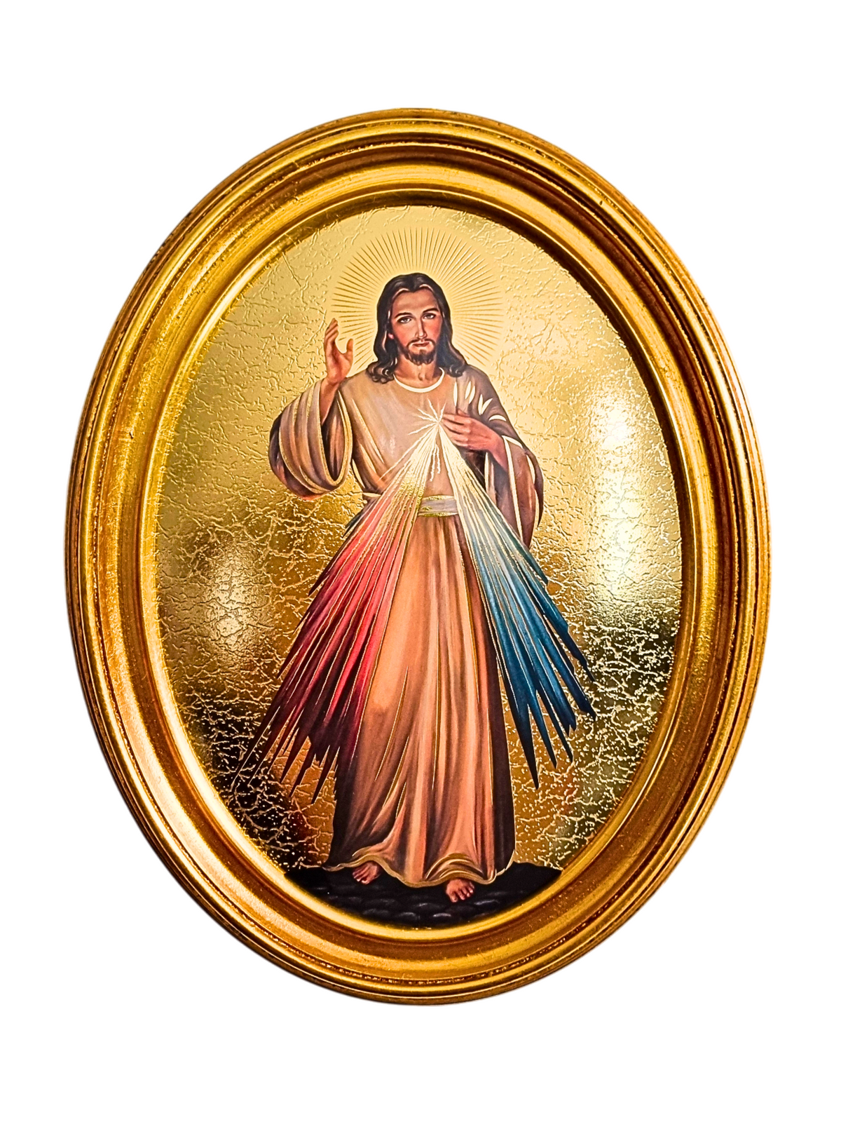 Quadro Italiano Oval com Folhas de Ouro Jesus Misericordioso 36,5 x 29cm