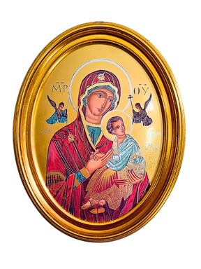 Quadro Italiano Oval com Folhas de Ouro Nossa Senhora Perpétuo Socorro 36,5 x 29cm