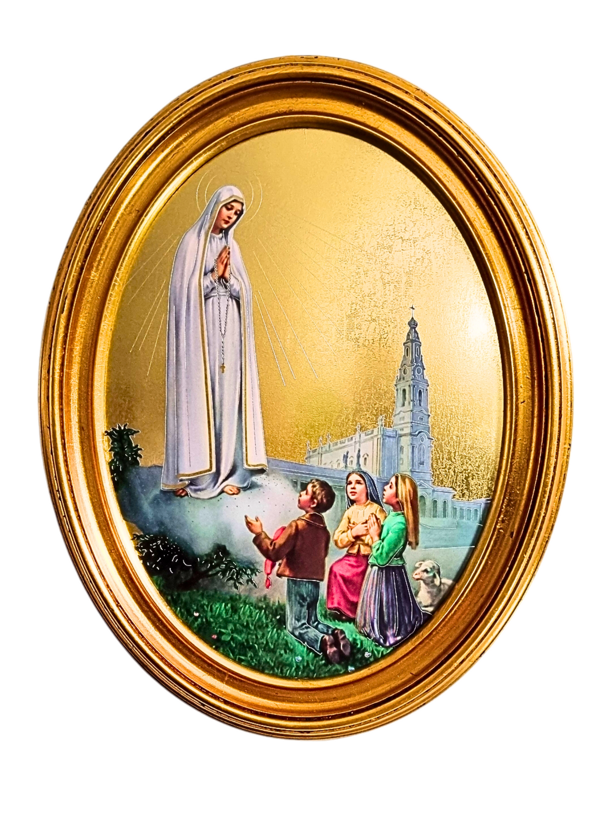 Quadro Italiano Oval com Folhas de Ouro Nossa Senhora de Fátima 36,5 x 29cm