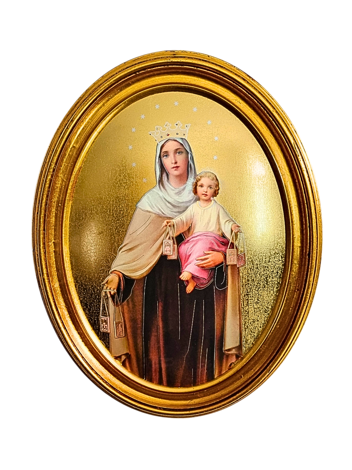 Quadro Italiano Oval com Folhas de Ouro Nossa Senhora do Carmo 36,5 x 29cm