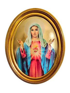 Quadro Italiano Oval com Folhas de Ouro Sagrado Coração de Maria 36,5 x 29cm